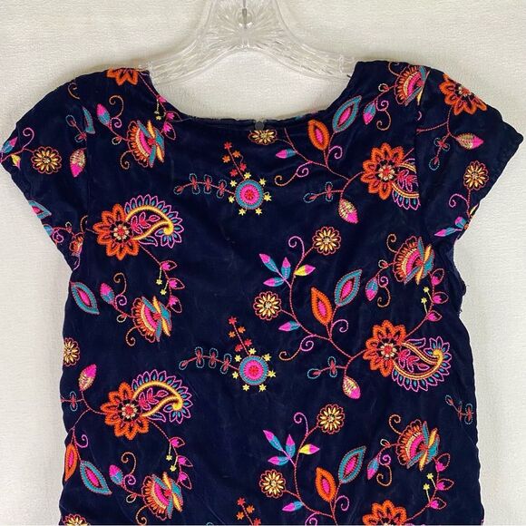 Peek Dress Girls Blue Floral Embroidered Velvet Lined Short Sleeve XL 10 - Picture 3 of 9